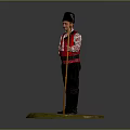 Traditional Folk Costume Figurine Wearing Black Hat Holding Wooden Cane Standing On Green Base