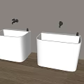 Modern Bathroom With White Ceramic Sinks Wall Mounted Faucets Wooden Floor And Gray Wall