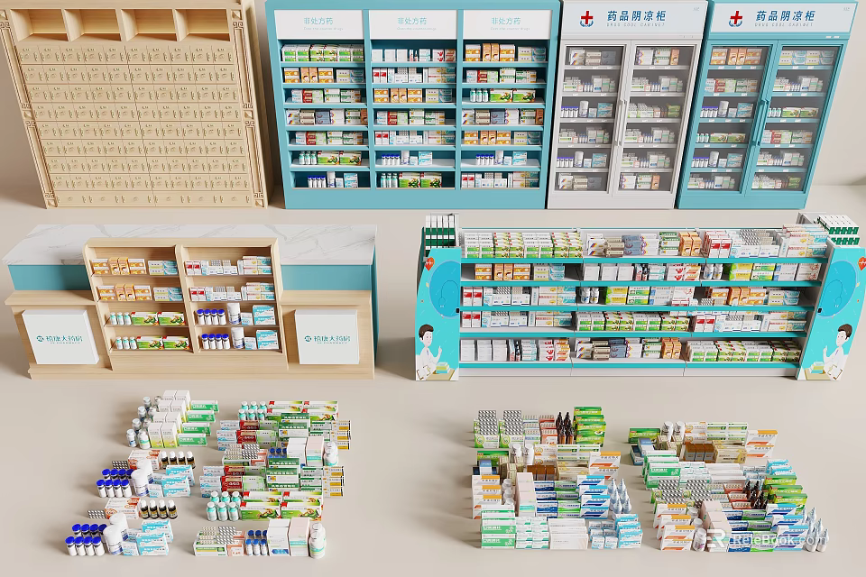 Retail Pharmacy Medicine Display Shelves With Multiple Layers And Organized Products 3d model 