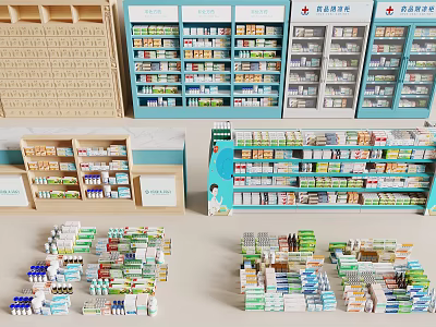 Retail Pharmacy Medicine Display Shelves With Multiple Layers And Organized Products 3d model
