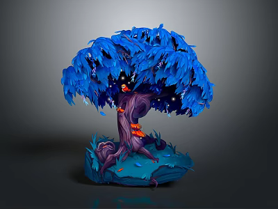 Cartoon Scene Featuring Blue Tree With Vibrant Leaves Red Trunk And Glowing Root Base 3d model