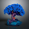 Cartoon Scene Featuring Blue Tree With Vibrant Leaves Red Trunk And Glowing Root Base 3d model