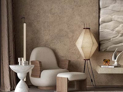 Modern Luxury Beige Single Sofa With Wooden Accents Ottoman And Floor Lamp 3d model