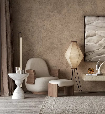 Modern Luxury Beige Single Sofa With Wooden Accents Ottoman And Floor Lamp 3d model
