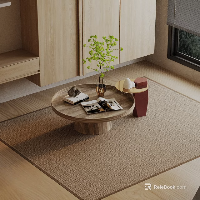 Elegant Natural Sofa And Coffee Table Set With Wooden Design Green Plant Magazines And Decorations 3d model 
