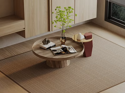Elegant Natural Sofa And Coffee Table Set With Wooden Design Green Plant Magazines And Decorations 3d model