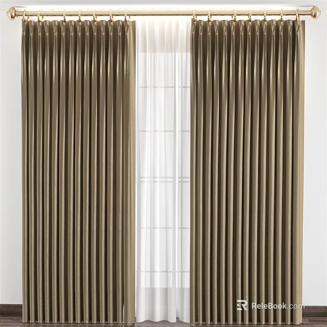 Brown Curtains With White Sheer Panels For Modern Home Window Decor 3d model 