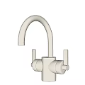 Modern Brushed Brass Faucet With Curved Spout And Double Handles Design