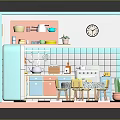 Cute Vintage Kitchen Interior With Pink Blue Cabinets White Refrigerator Dining Table And Checkered Floor
