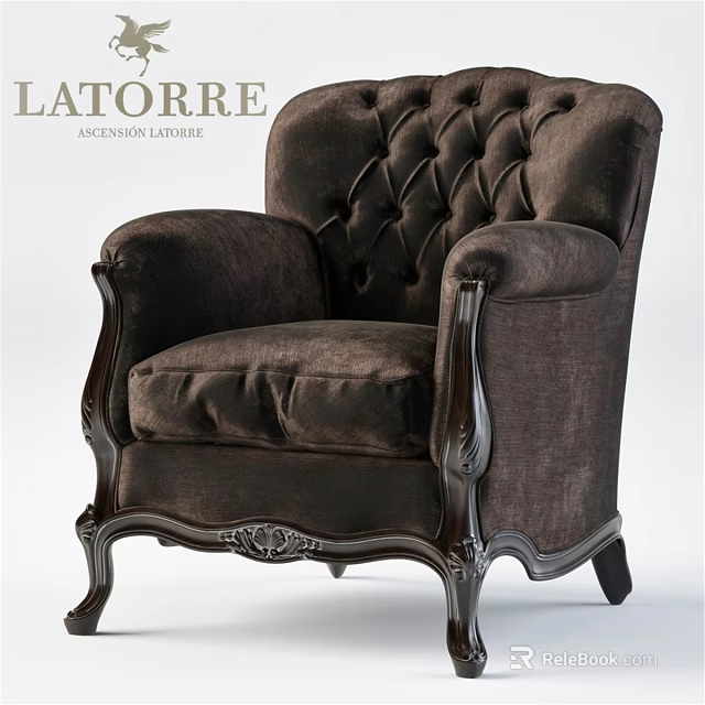 Dark Brown Tufted Backrest Leisure Chair With Carved Wooden Frame And Velvet Upholstery 3d model 