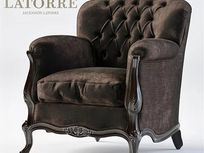 Dark Brown Tufted Backrest Leisure Chair With Carved Wooden Frame And Velvet Upholstery 3d model