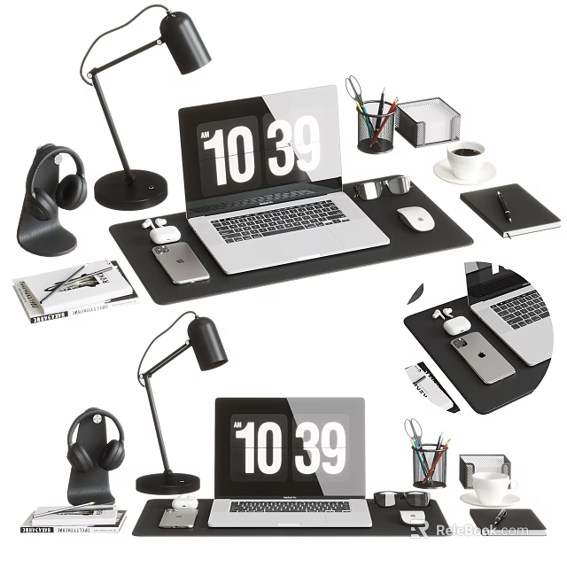 Work Desk Essentials With Laptop Headphones Desk Lamp Coffee Cup Mouse And Clock 1039 3d model 