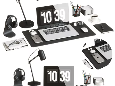 Work Desk Essentials With Laptop Headphones Desk Lamp Coffee Cup Mouse And Clock 1039 3d model