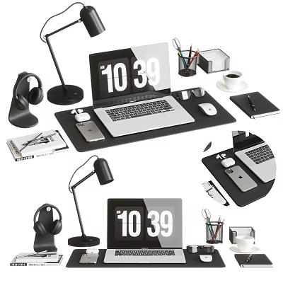 Work Desk Essentials With Laptop Headphones Desk Lamp Coffee Cup Mouse And Clock 1039 3d model