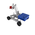 Mobile Mechanical Arm Platform with Blue Storage Box and Red Lifting Component 3d model