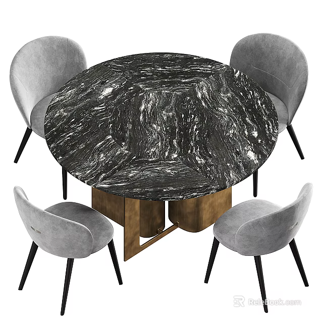 Round Black Marble Dining Table Set with Grey Upholstered Chairs and Wooden Base 3d model