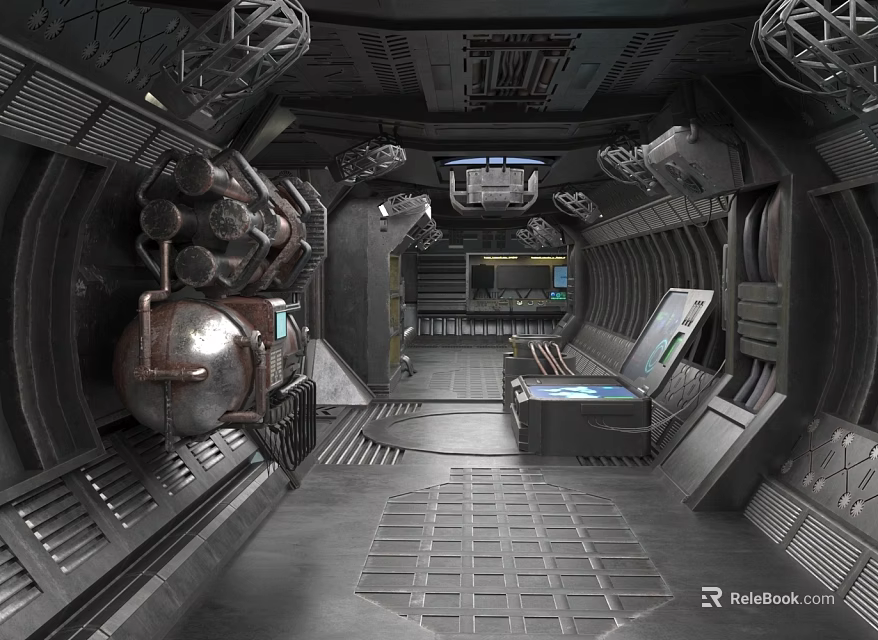 Futuristic Sci-Fi Spaceship Interior With Metallic Control Panels And Console Equipment 3d model