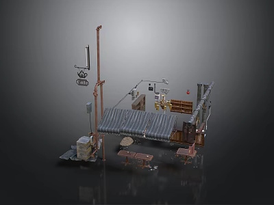 Outdoor Stall Structure With Canvas Awning Wooden Tables Chairs And Hanging Signboard 3d model