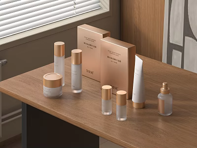 Cosmetic And Perfume Products Displayed On Wooden Table In Room 3d model