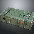 Green Wooden Storage Box With Metal Straps Triangle Symbol And Orange Label For Home Supplies