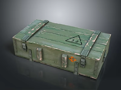 Green Wooden Storage Box With Metal Straps Triangle Symbol And Orange Label For Home Supplies 3d model