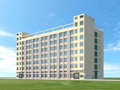 Modern Multi Story Office Building Exterior With Large Windows Green Lawn And Blue Sky 3d model