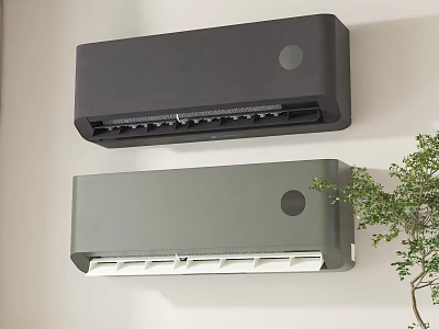 Wall Mounted Air Conditioner Fans Black And Gray Installed On White Wall With Green Plant 3d model