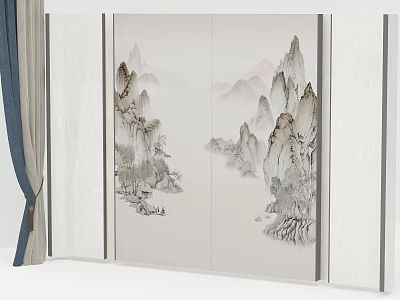 Traditional Chinese Landscape Ink Painting Background Wall With Mountain Art And Partition Design 3d model