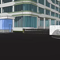 Modern Building Entrance Gate With Glass Door Steps And Trees Around Parking Area