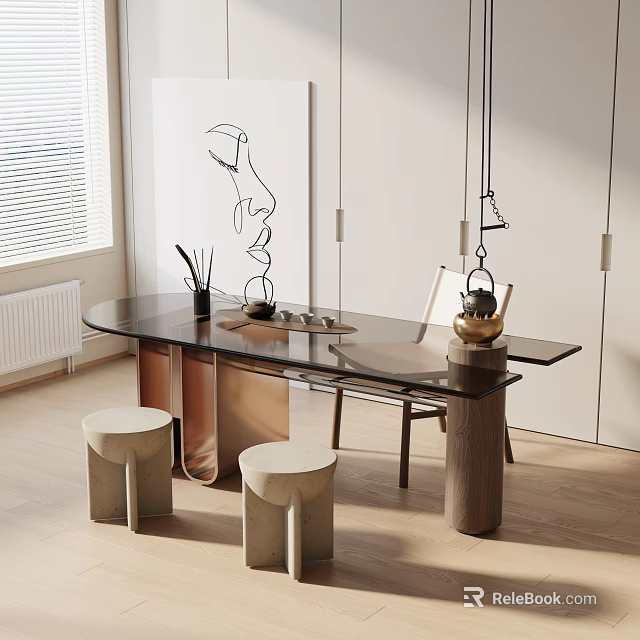 Modern Black Glass Top Tea Table With Wooden Stools And Chair In Bright Room 3d model 