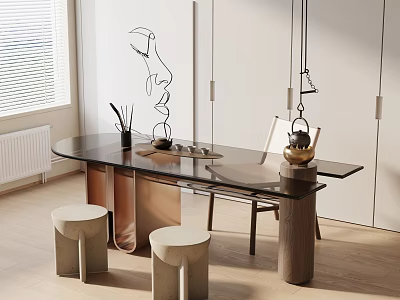 Modern Black Glass Top Tea Table With Wooden Stools And Chair In Bright Room 3d model