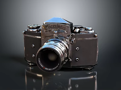 Vintage Electronic Camera With Silver Metal Body Lens And Buttons On Dark Background With Reflection 3d model