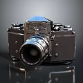 Vintage Electronic Camera With Silver Metal Body Lens And Buttons On Dark Background With Reflection