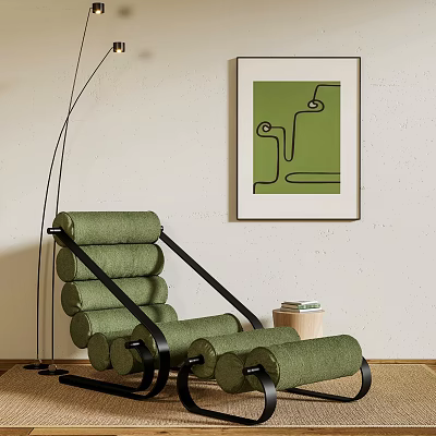 Modern Green Single Sofa With Black Metal Frame Cylindrical Cushions And Green Abstract Wall Painting 3d model