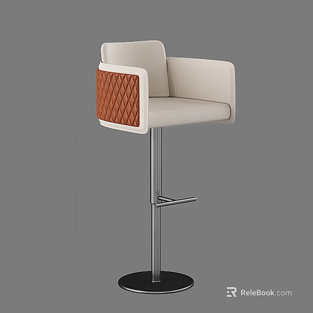 Modern Stylish Bar Stool With White Upholstered Seat Brown Patterned Back And Metal Frame 3d model 