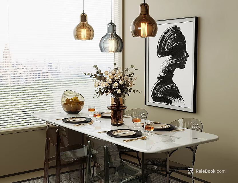 Dining Table Set With Transparent Chairs Pendant Lights Flower Vase And City View Artwork 3d model 