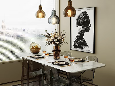 Dining Table Set With Transparent Chairs Pendant Lights Flower Vase And City View Artwork 3d model