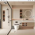 Modern Bathroom Interior Design With Large Window Round Mirror Glass Shower Partition And Vanity