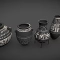 Ancient Pottery Vases With Intricate Black White Patterns Displayed In A Row With Geometric Symbols