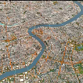 Detailed Urban Aerial Planning of City Layout with River Road Network and Green Spaces
