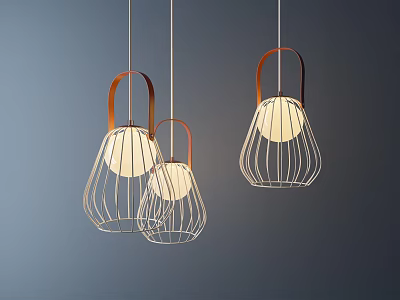 Three Modern Hanging Pendant Lights With Copper Handles Wireframe Design And White Lampshades 3d model