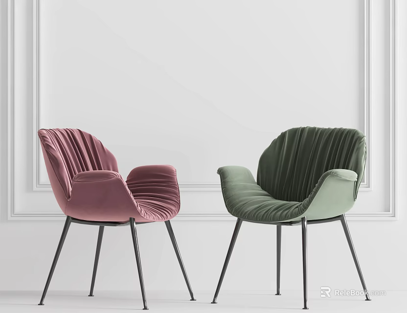 Pink And Green Velvet Dining Chairs With Pleated Back And Black Legs 3d model 