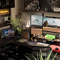 Entertainment Room Setup With Multiple Monitors Scenic Displays Art Posters And Potted Plant