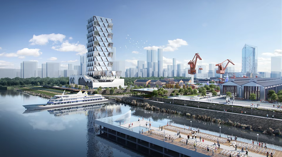 Modern Urban Waterfront Area With Pier People Cranes And Tall Buildings 3d model 