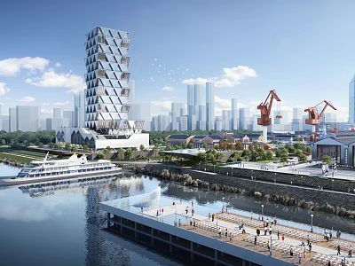 Modern Urban Waterfront Area With Pier People Cranes And Tall Buildings 3d model