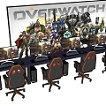 Gaming Desk and Chair Setup With Multiple Monitors Overwatch Poster Backdrop 3d model