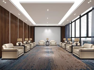 Modern Hotel Public Lounge Area With Wooden Walls Large Windows And Beige Sofas 3d model