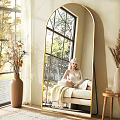 Cozy Living Room Interior With Arch Mirror Beige Sofa Throw Blanket And Dried Flowers