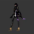 Woman in Black Outfit With Purple Gold Accents Long Gloves And Decorative Boots
