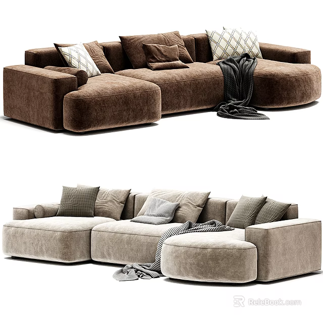 Brown Beige Sectional Sofa with Velvet Upholstery Plush Pillows and Cozy Blanket 3d model 